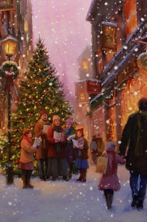 Charity Christmas Card (In Irish & English) - Cello / Children's Health Foundation & Carolers Singing Christmas Carols Under A Huge Christmasa Tree