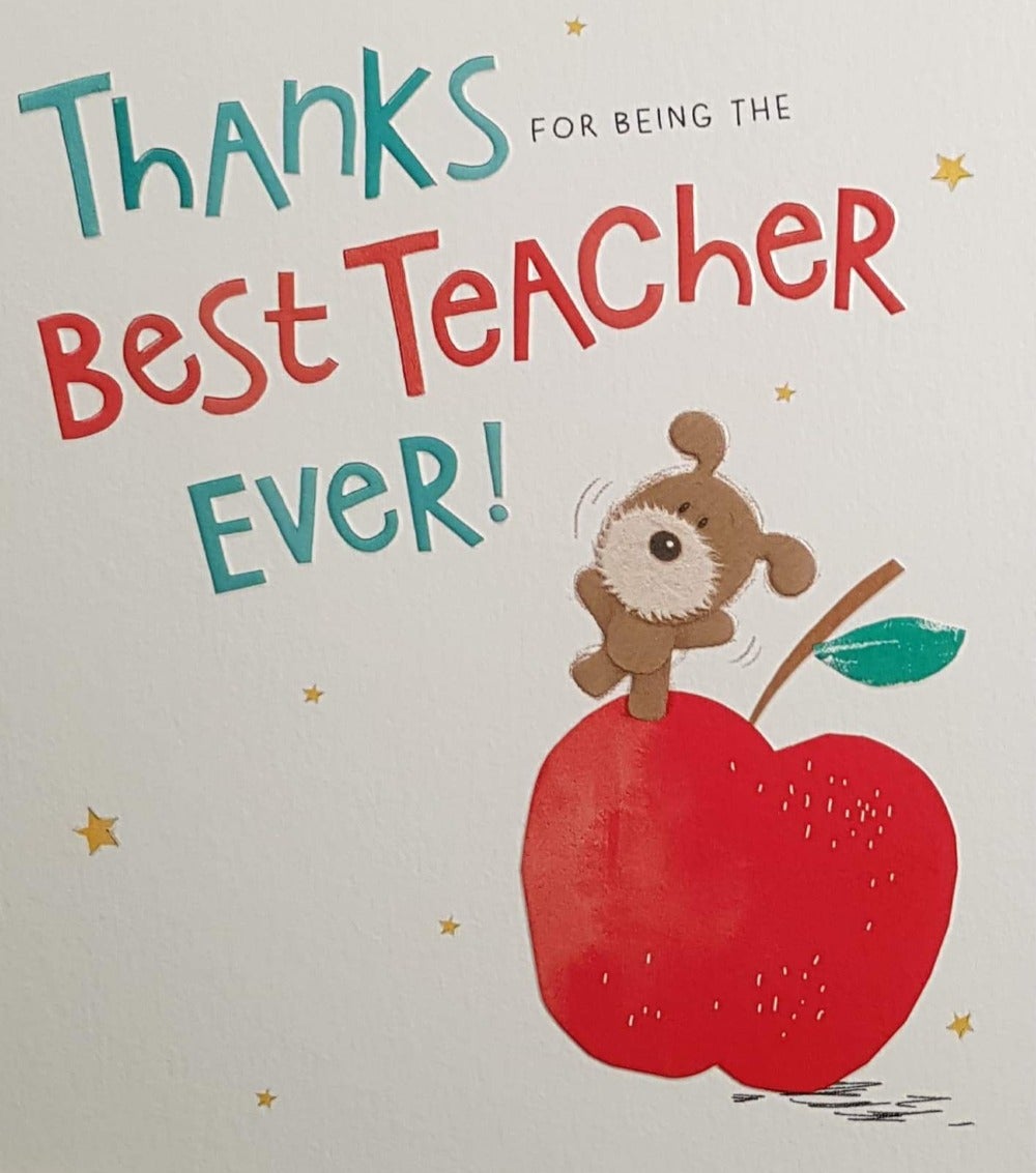 Thank You Card - Teacher / Happy Dog Standing On The Red Apple