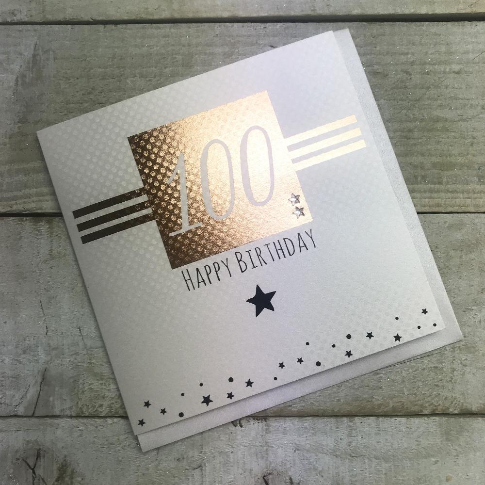 Birthday Card - Age 100 / '100' in Shiny Gold Square & Stripes