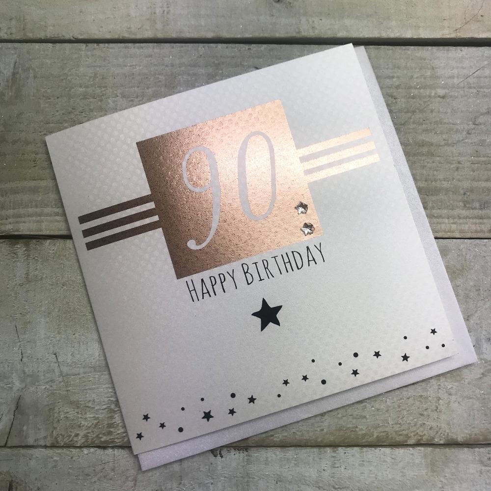 Birthday Card - Age 90 / '90' in Shiny Gold Square & Stripes