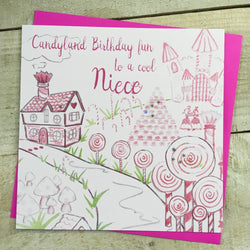 Birthday Card - Niece / Candyland Birthday Fun To A Cool Niece & Candy House & Lollipop Trees