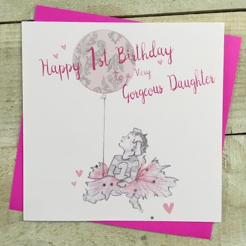 Birthday Card - Age 1 - Daughter / Happy 1st Birthday & Girl Looking Up At Balloon
