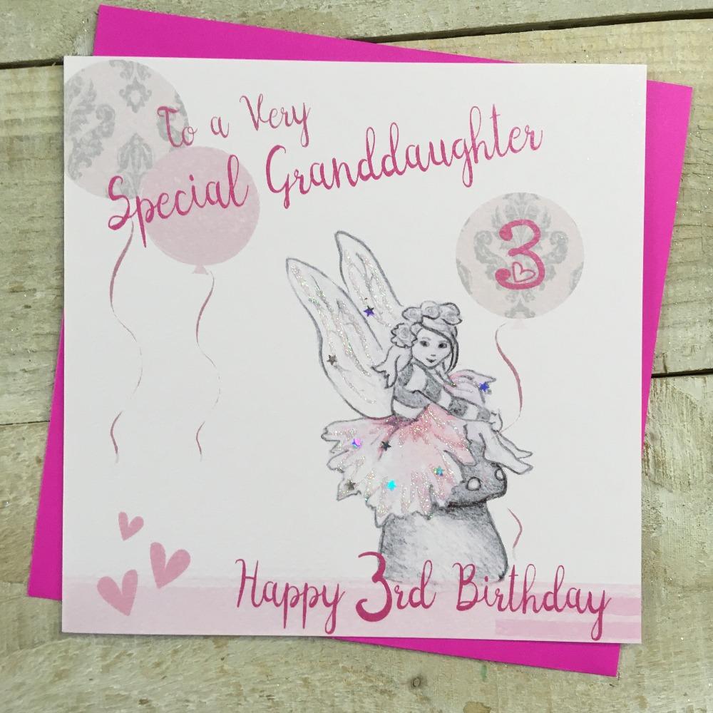 Birthday Card - Age 3 - Granddaughter / Pink Fairy Siting on Rock with Balloon