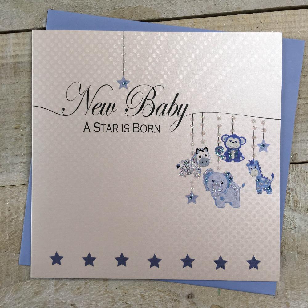 New Baby Card - Boy / Blue Toys Hanging On Strings