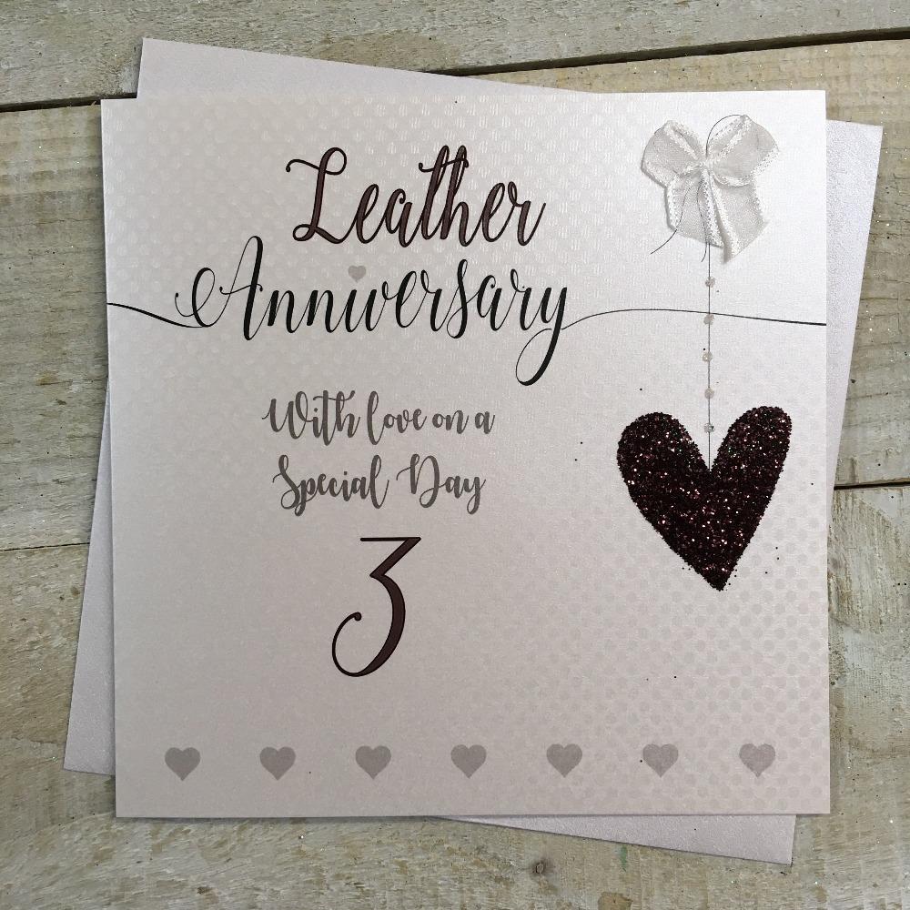 Anniversary Card - Leather / White Hearts & A Number 3