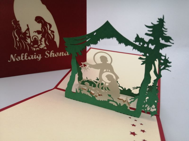 Christmas Pop Up Card - Nollaig Shona (In Irish) / Nativity Scene Under Green Roof