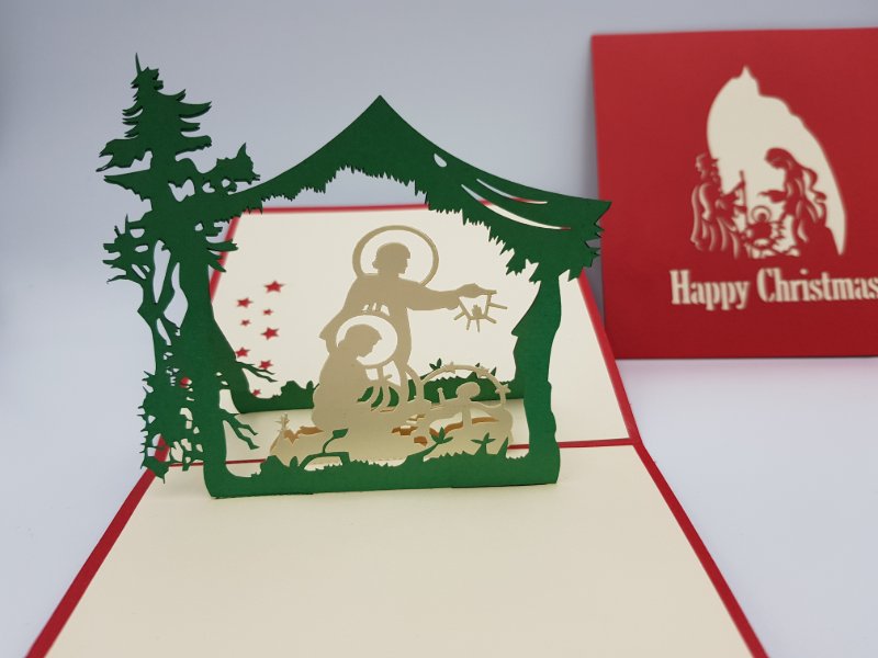 Christmas Pop Up Card - / Nativity Scene Under Green Roof