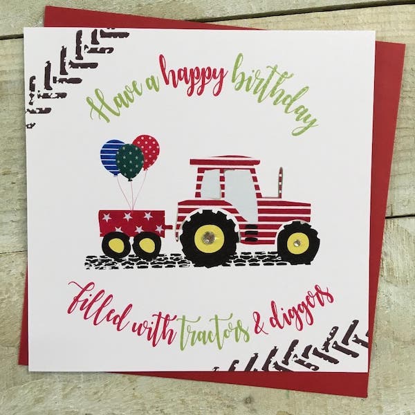 Birthday Card - Have A Happy Birthday Filled With Tractors & Diggers & Red & White Tractor