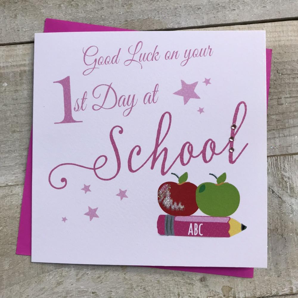 New School Card - Good Luck / Two Apples On The Pink Crayon