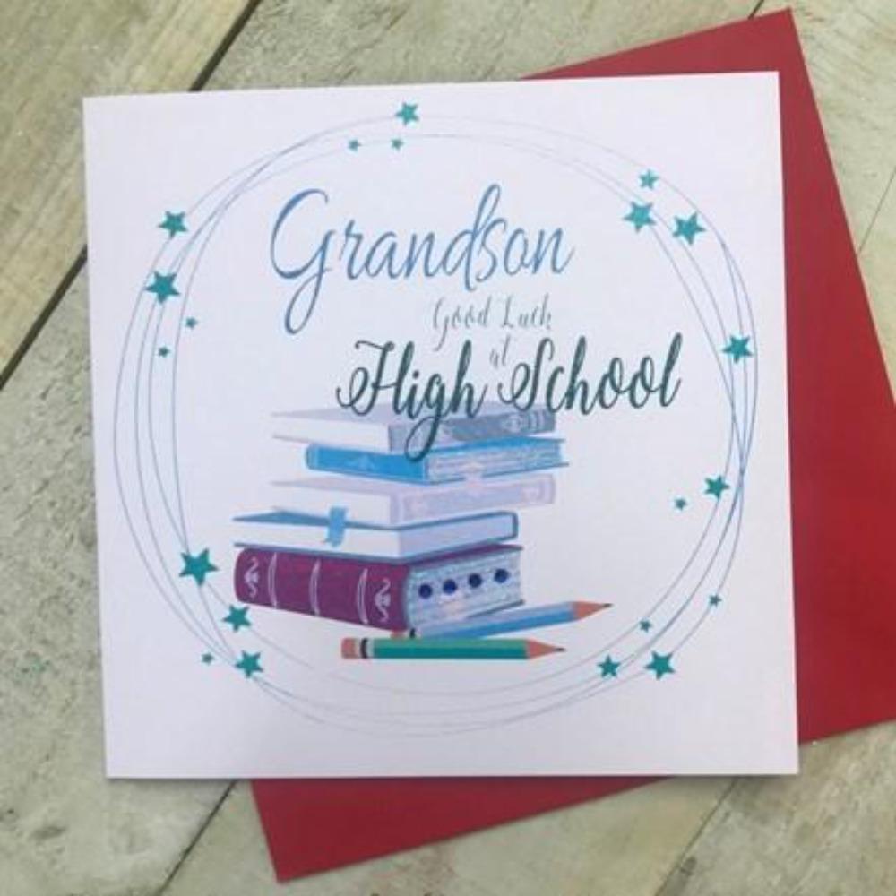 New School Card - Grandson / Five Books & Pencils & Blue Stars