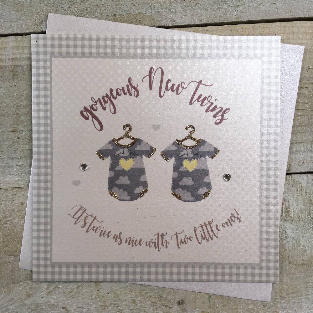 New Baby Card - Gorgeous New Twins & Two T-Shirts With Yellow Hearts