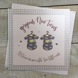 New Baby Card - Gorgeous New Twins & Two T-Shirts With Yellow Hearts