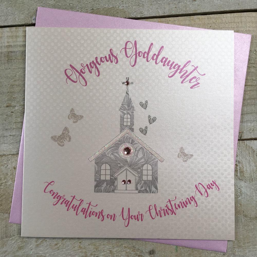 Christening Card -  Goddaughter / A Sliver Church With Pink Diamonds