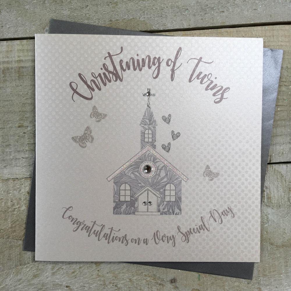 Christening Card - Christening Of Twins & A Silver Church With A Glitter
