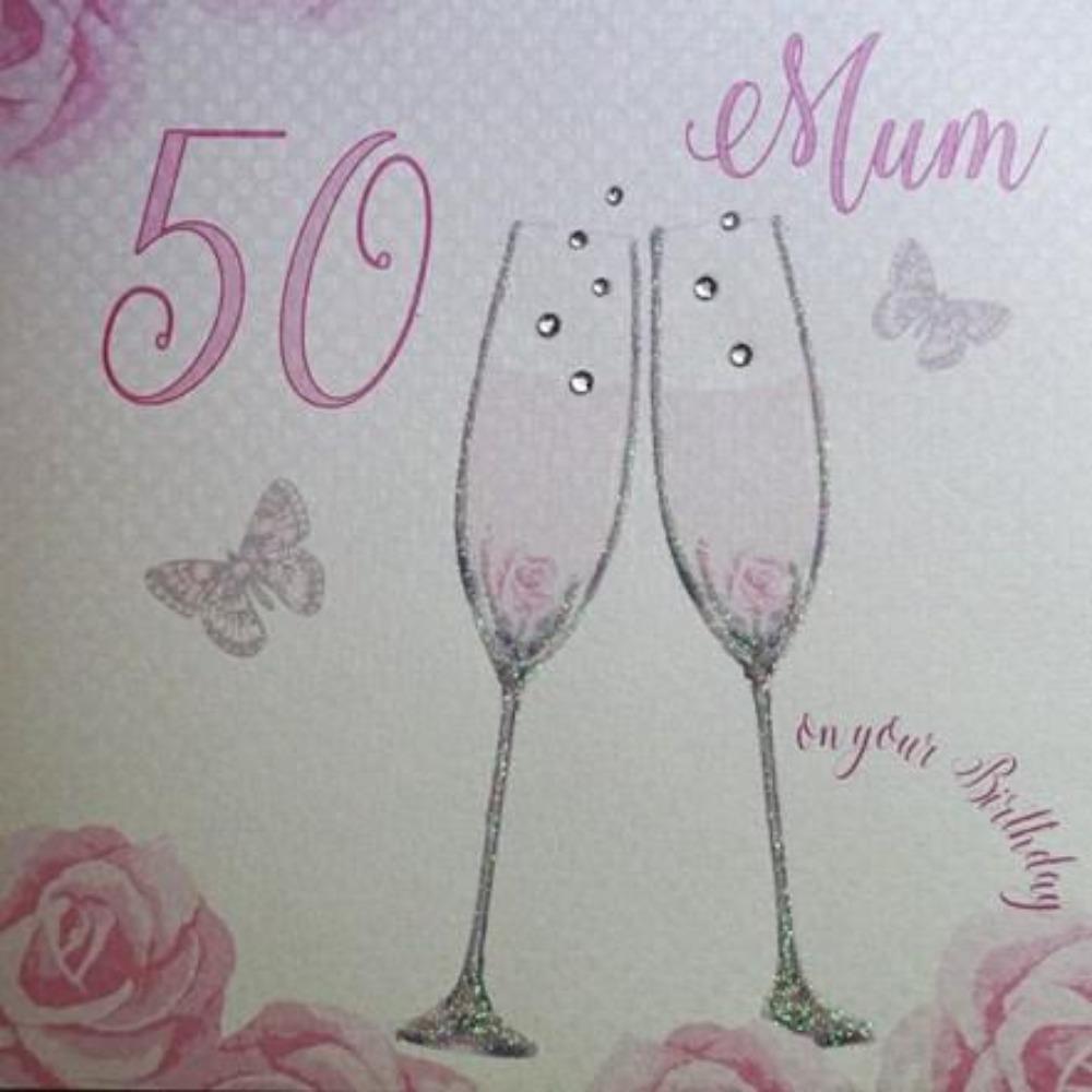 Age 50 Birthday Card - Mum / Pink Roses And Butterflies
