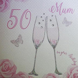 Age 50 Birthday Card - Mum / Pink Roses And Butterflies