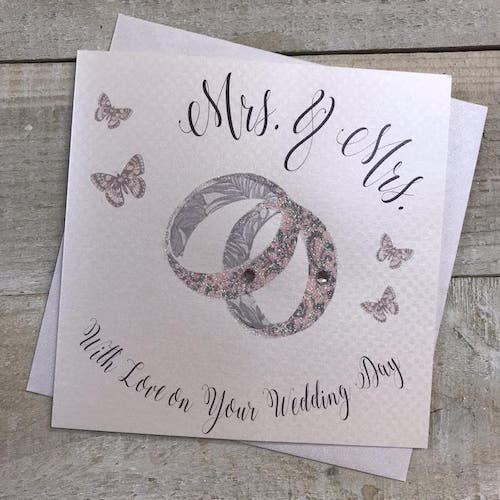 Wedding Card- Mrs. & Mrs. / Two Shiny Pink Rings & Butterflies