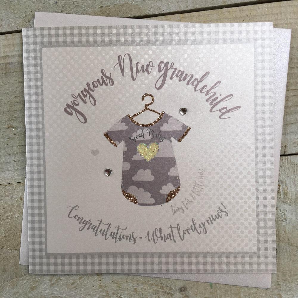 New Baby Card - Gorgeous New Grandchild & Two Silver Hearts