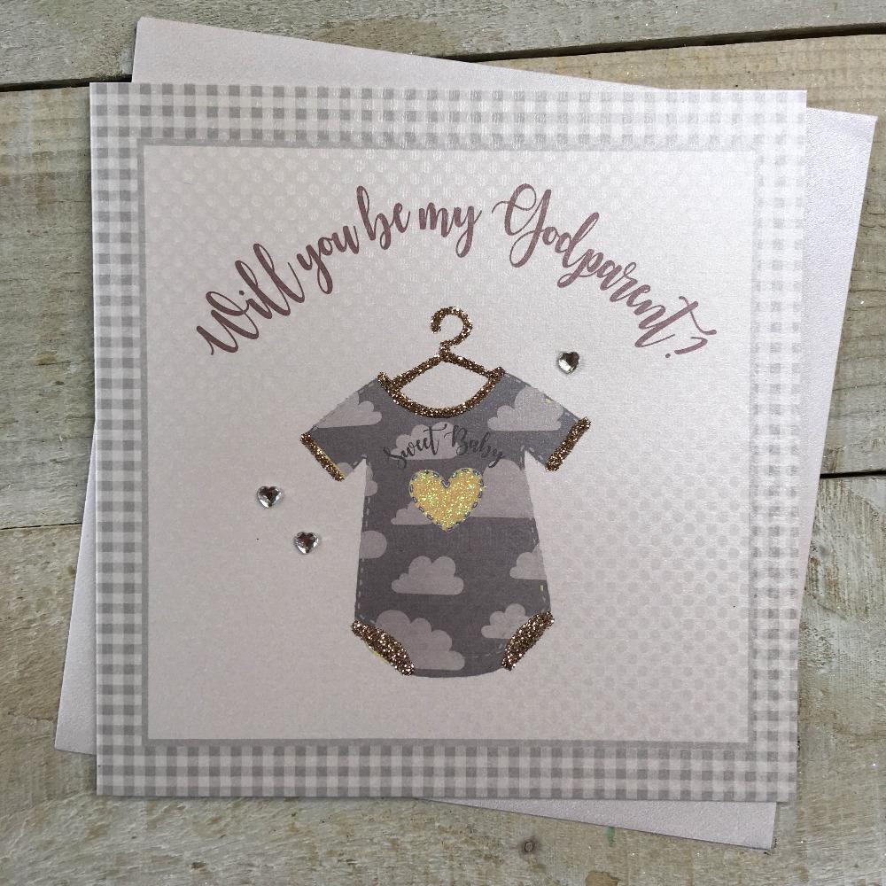 New Baby Card - Will You Be My Godparent ? & Three Silver Hearts