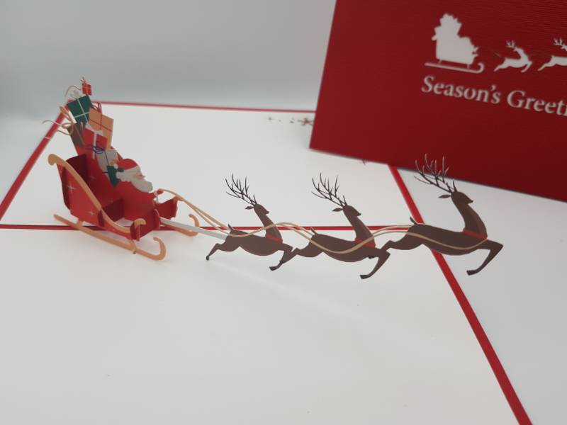 Christmas Pop Up Card -  Reindeer Pulling Santa on Sleigh