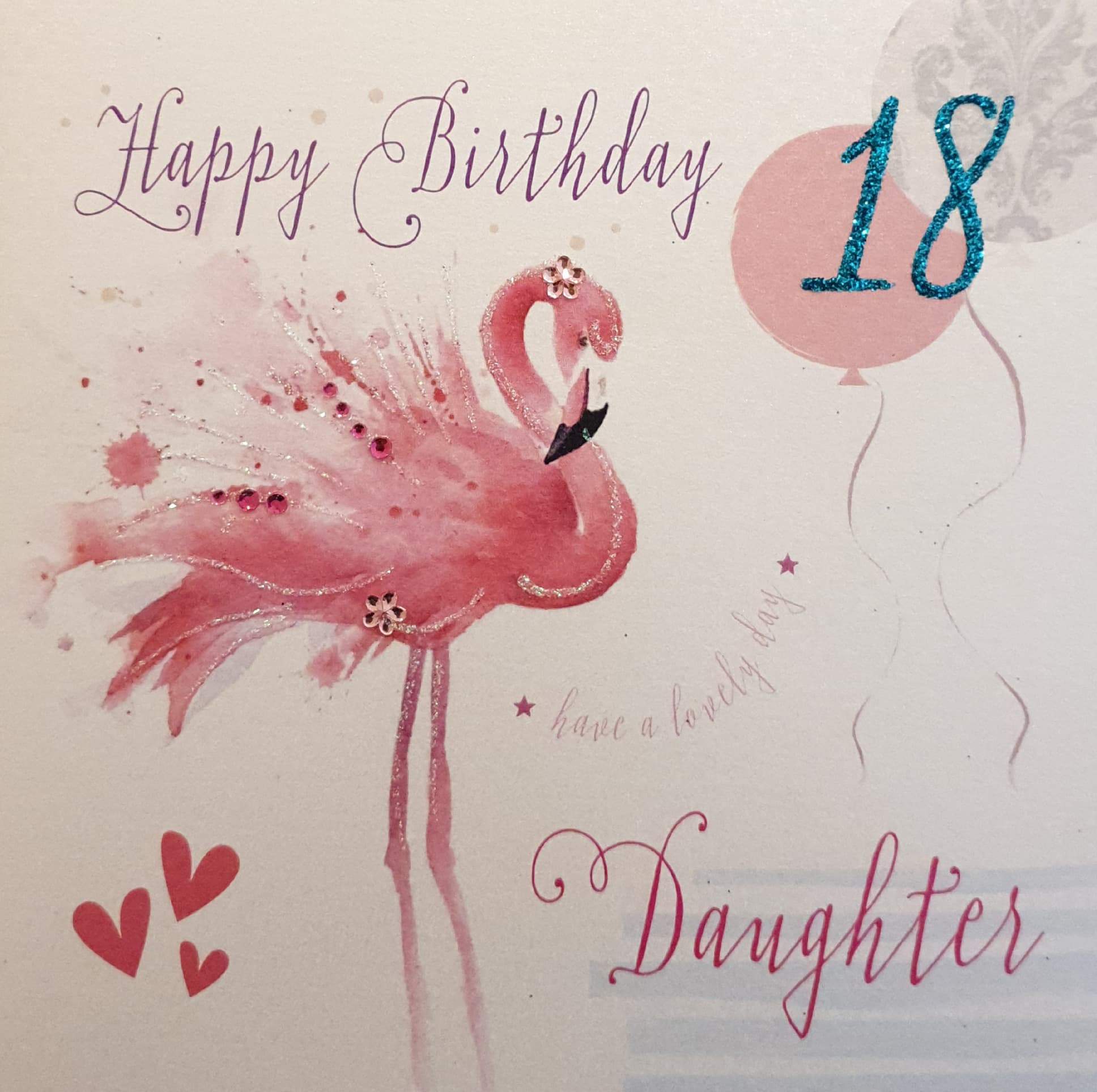 Birthday Card - Daughter - 18th Birthday / Flamingo, Pink Balloon & Hearts