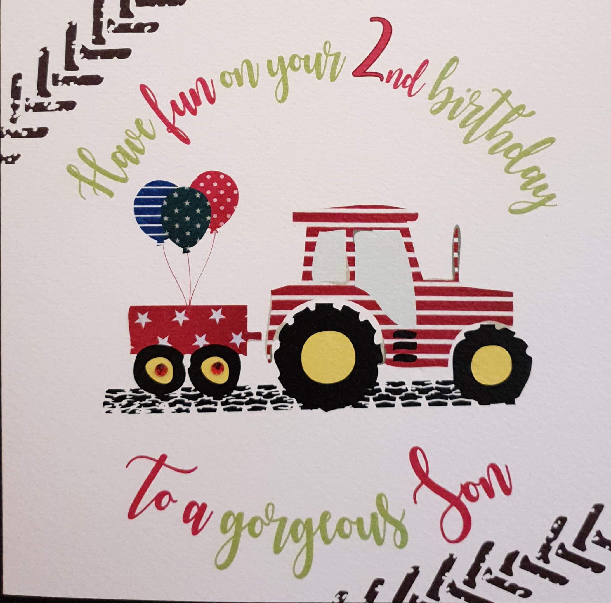 Birthday Card - Son - 2nd Birthday / Balloons Tied to Red & White Tractor Trailer