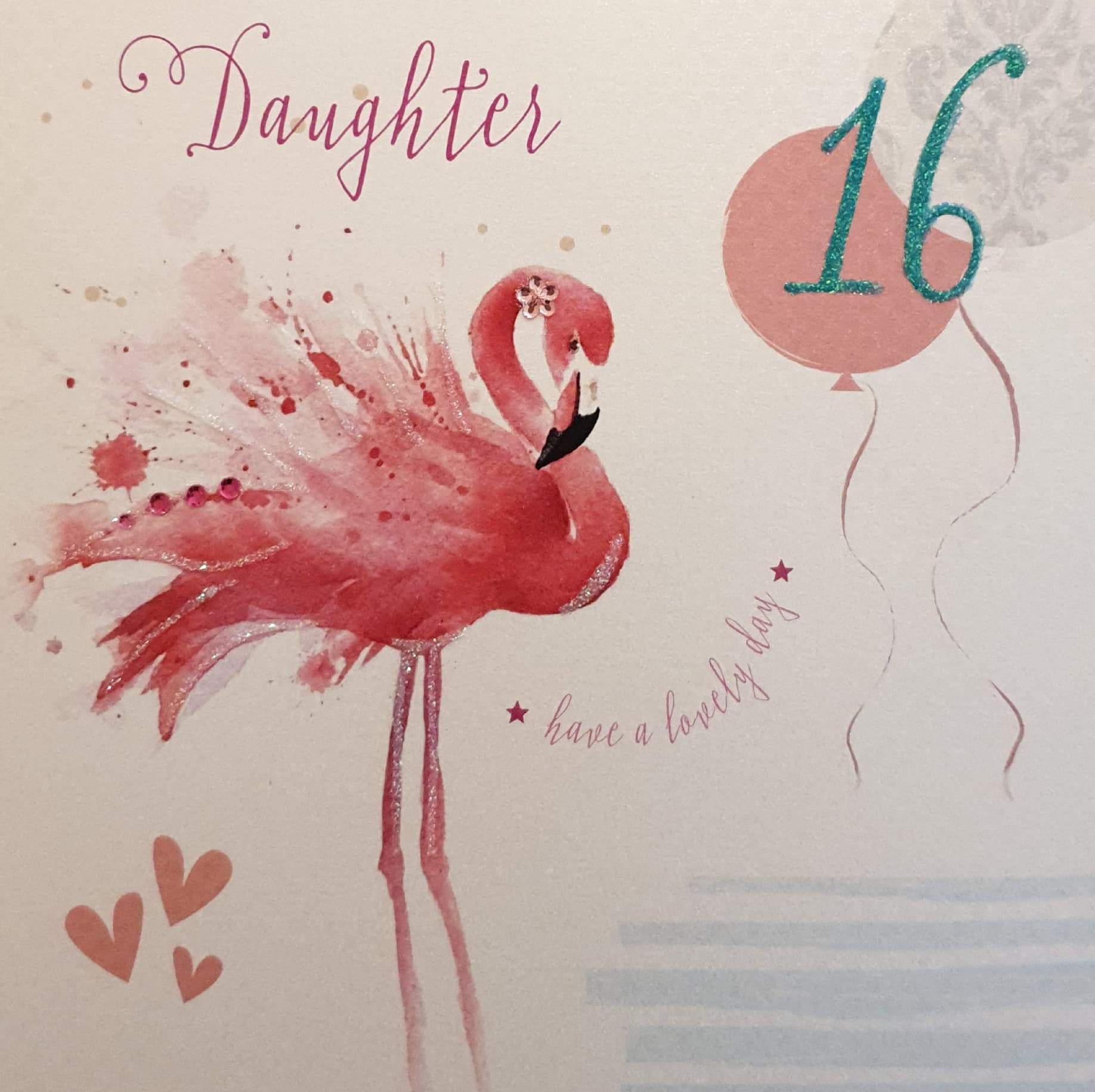 Birthday Card - Daughter - 16th Birthday / Flamingo with Pink Balloon & Hearts