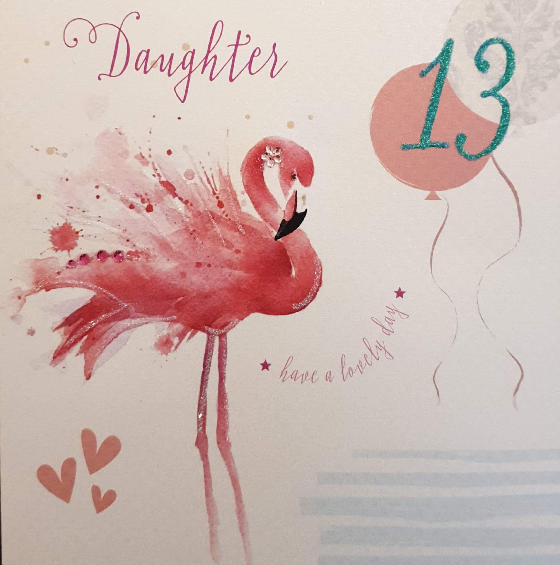 Birthday Card - Daughter - 13th Birthday / Pink Flamingo with Hearts & Balloons