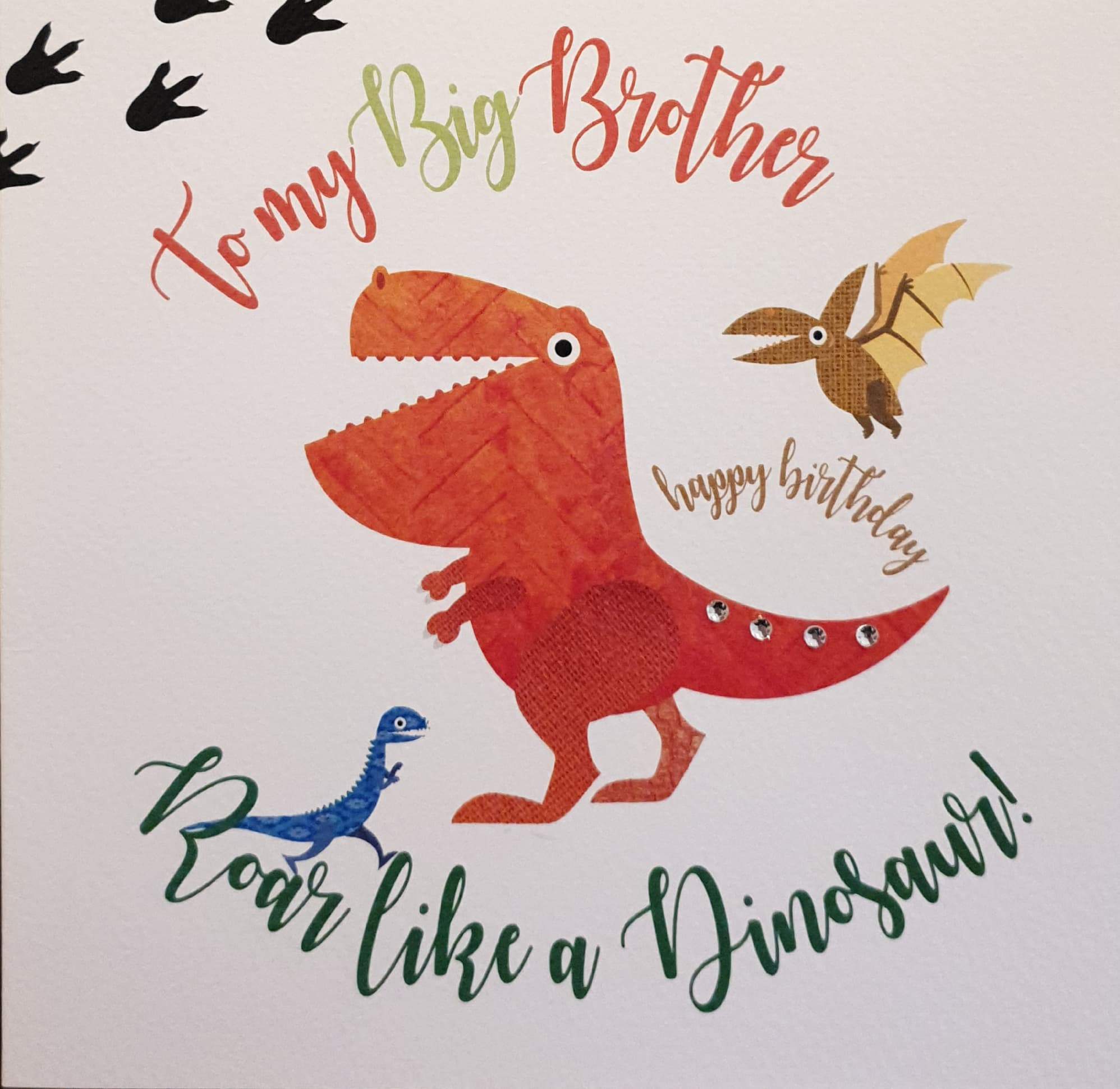 Birthday Card - Big Brother / Orange T-Rex & Two Smaller Dinosaurs