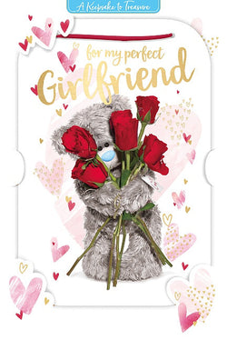 Girlfriend Valentines Day Card - My Perfect Girlfriend / Teddy Holding Roses