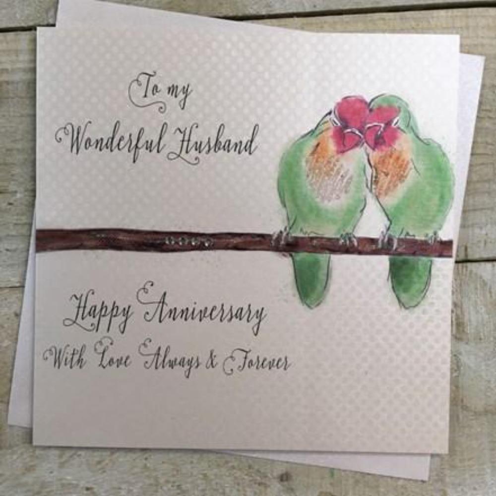 Anniversary Card - Husband / Two Green Lovebirds On A Branch