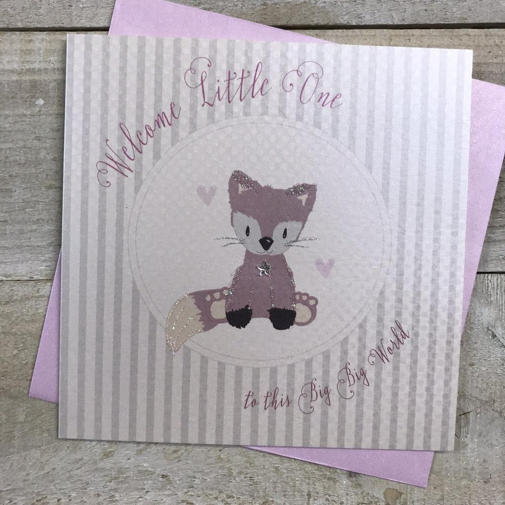 New Baby Card - Girl / Welcome & Innocent Pink Fox Sitting