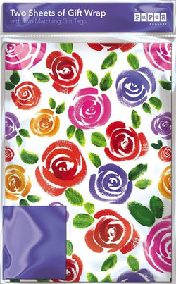 Gift Wrap - Flat Wrap / Painted Flowers - Set Of 2 Sheets + 2 Matching Tags