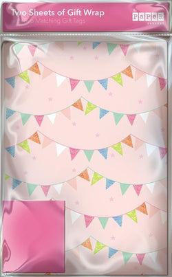 Gift Wrap - Flat Wrap / Pink Background & Colorfull Buntings - Set Of 2 Sheets + 2 Matching Tags