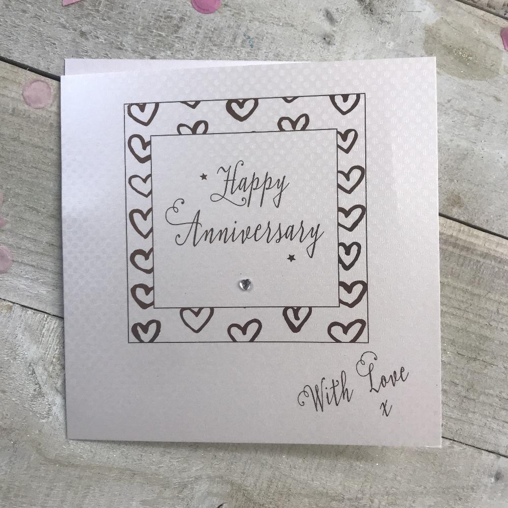 Anniversary Card - Happy Anniversary With Love & Square Heart Pattern Border