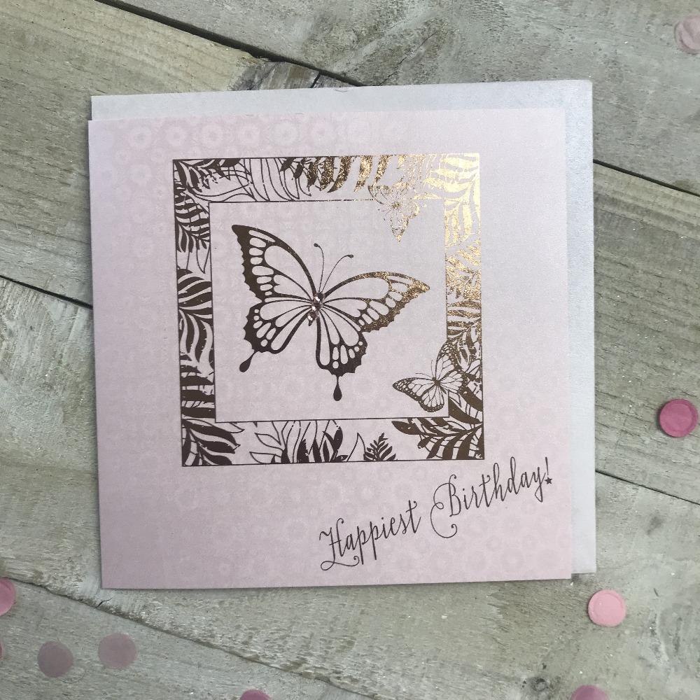 Birthday Card - Happiest Birthday & Shiny Butterfly in Leafy Border