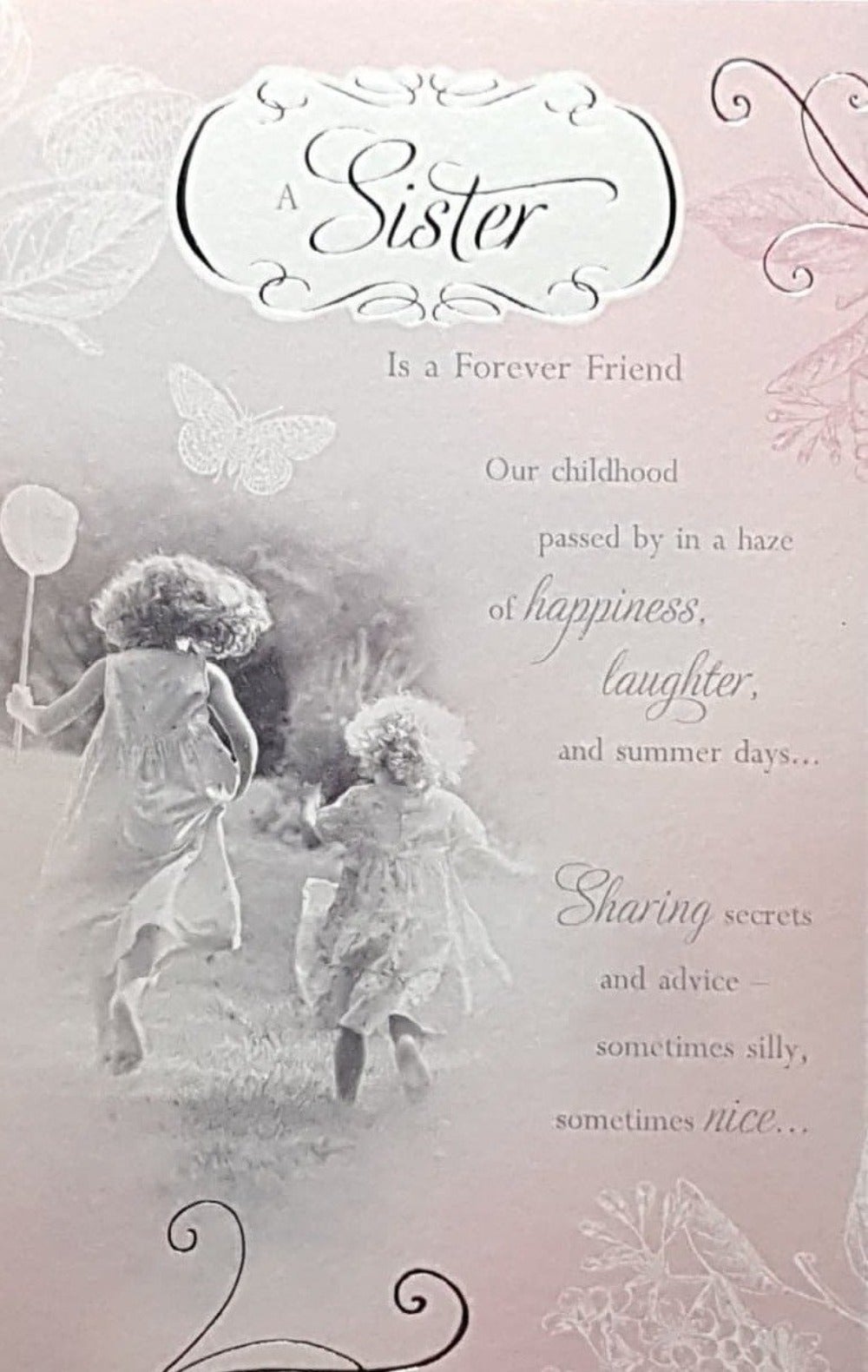 Birthday Card - Sister / Two Little Girls Running In Dresses & A Pink Design