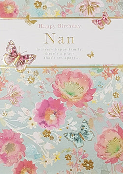 Birthday Card - Nan / A Gold Floral Motive & Butterflies