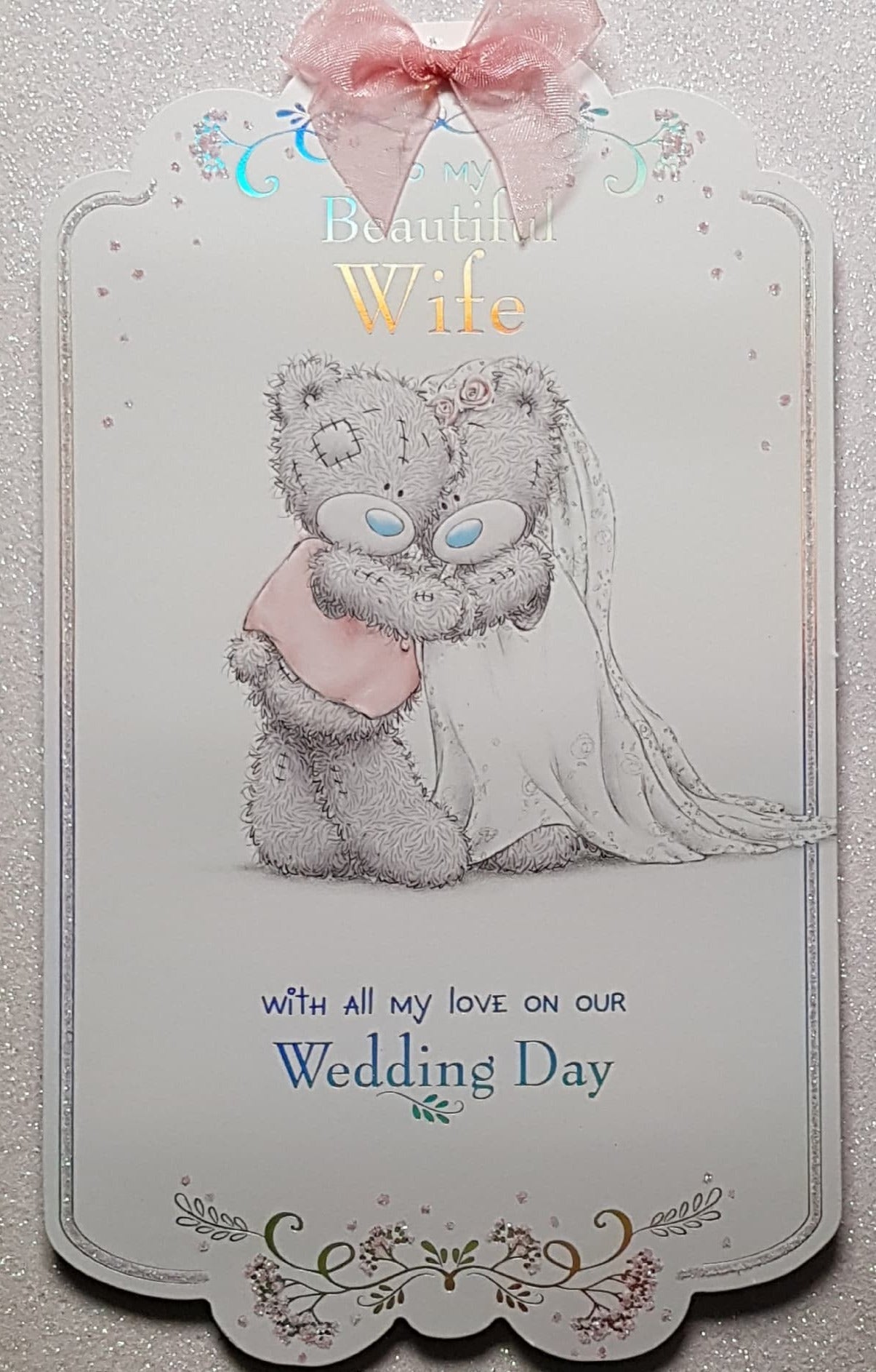 Wedding Card - Wife / Teddies Bride & Groom Holding Hands & A Pink Bow
