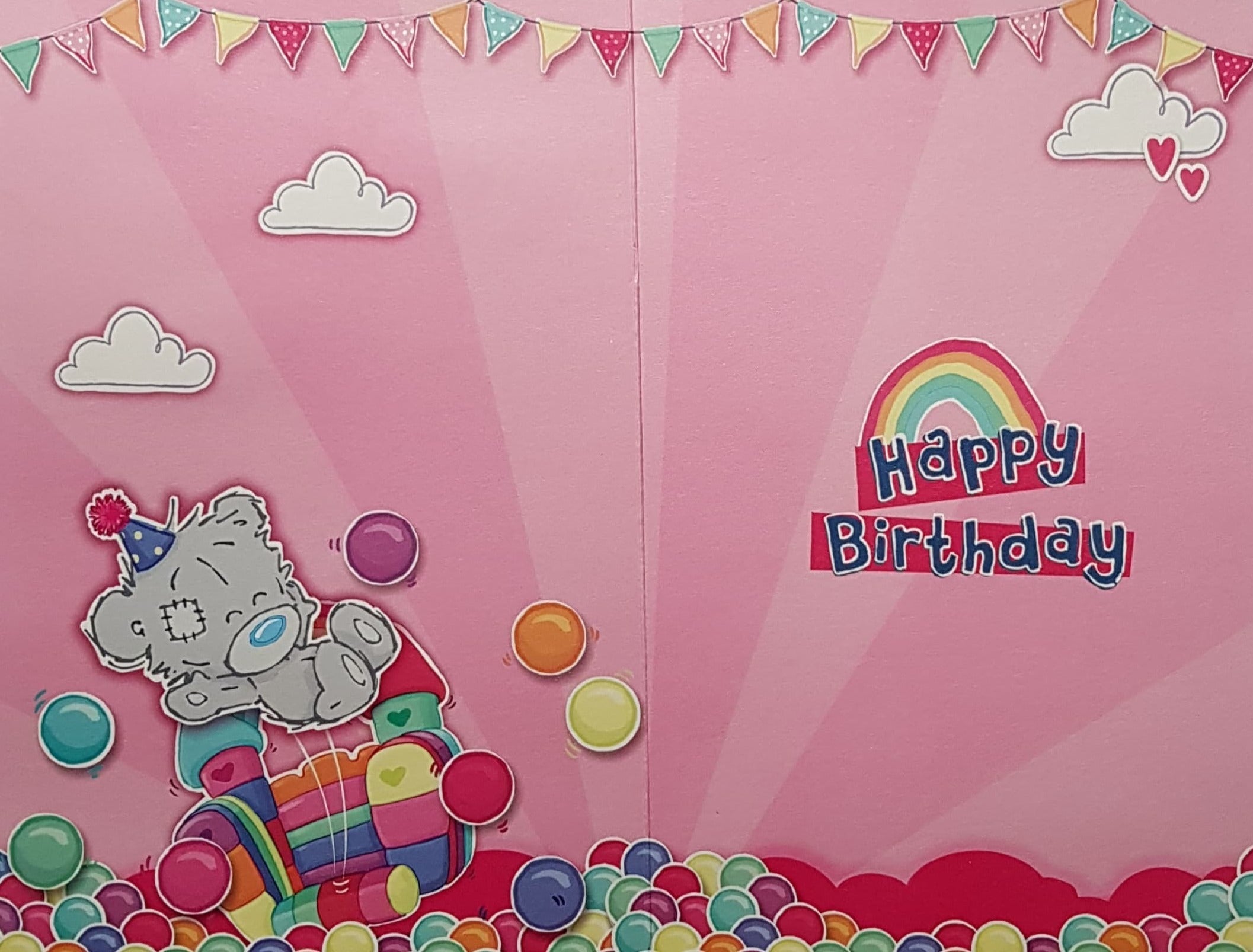 Age 3 Birthday Card - Happy Teddy On A Colourful Pink Bouncy Castle