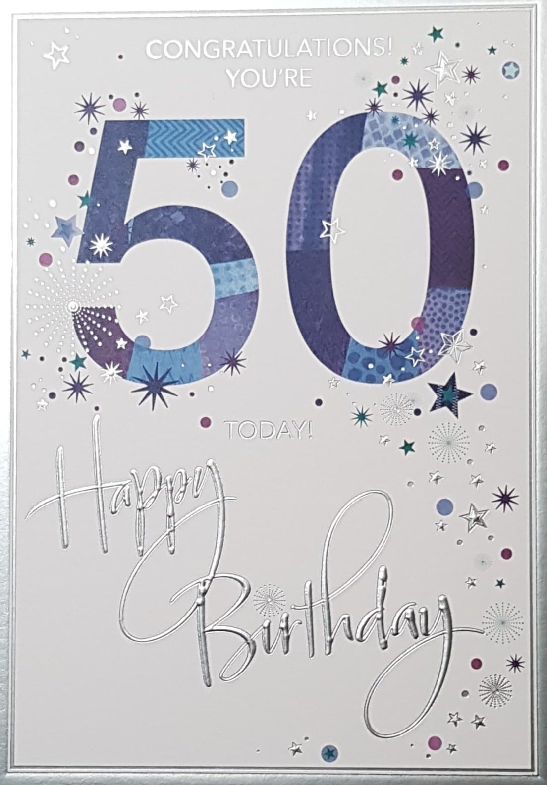 Age 50 Birthday Card - Blue No. 50  With Stars & A Silver Font
