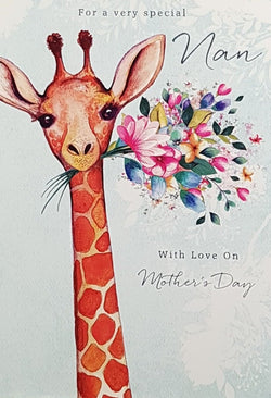 Nan Mothers Day Card - A Giraffe Holding A Lovely Bunch Of Flowers