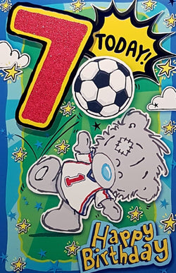 Age 7 Birthday Card - Teddy Kicking Football Into Air