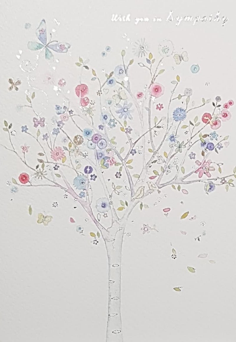 Sympathy Card - With You In Sympathy / A Pretty Tree With Pink & Blue Flowers
