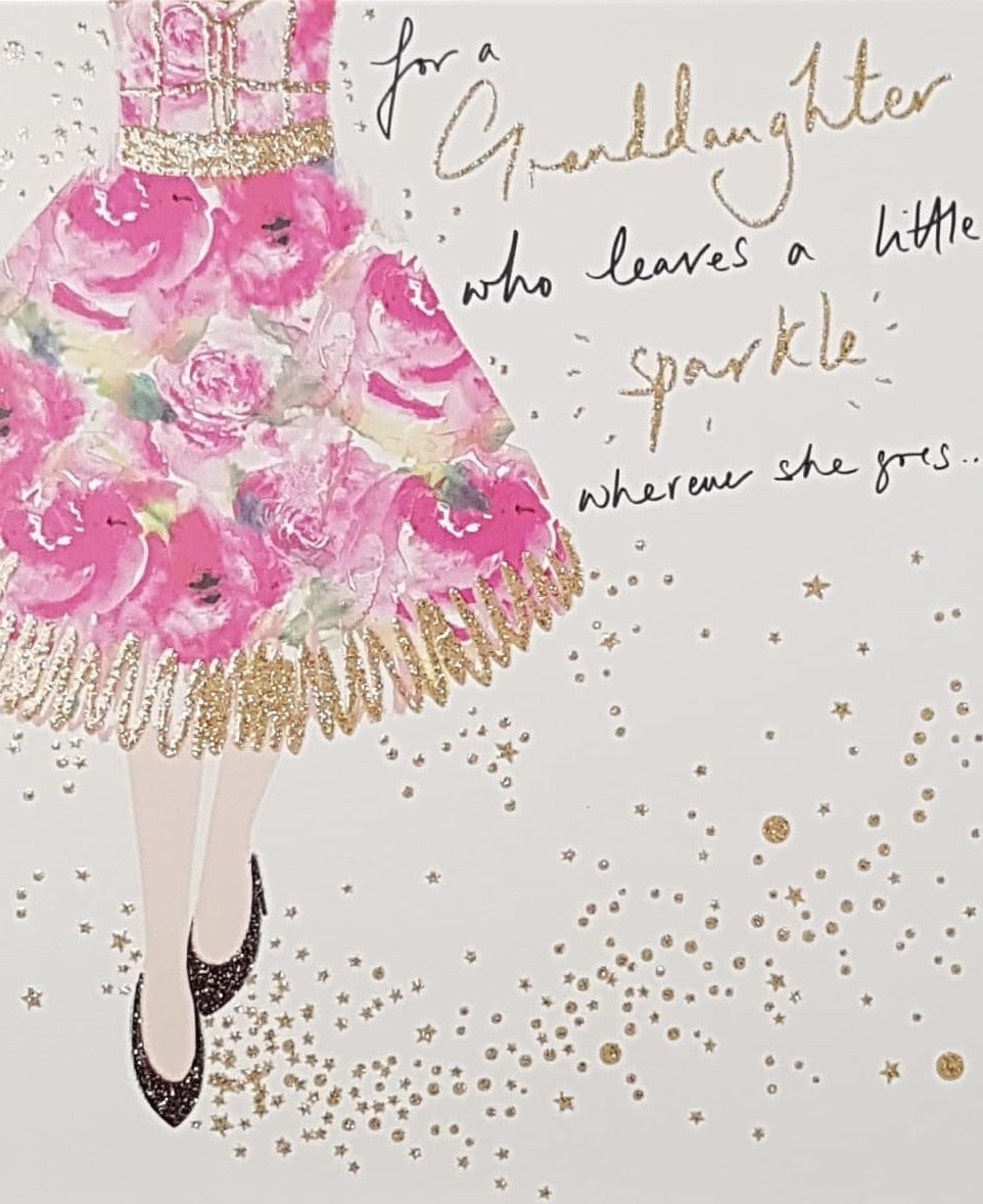 Birthday Card - Granddaughter / A Pretty Pink Dress & A Gold Sparkle