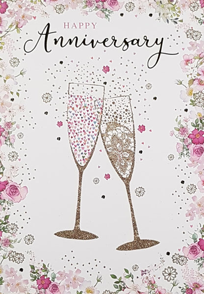 Anniversary Card - General / Two Champagne Glasses & A Pink Floral Bor ...