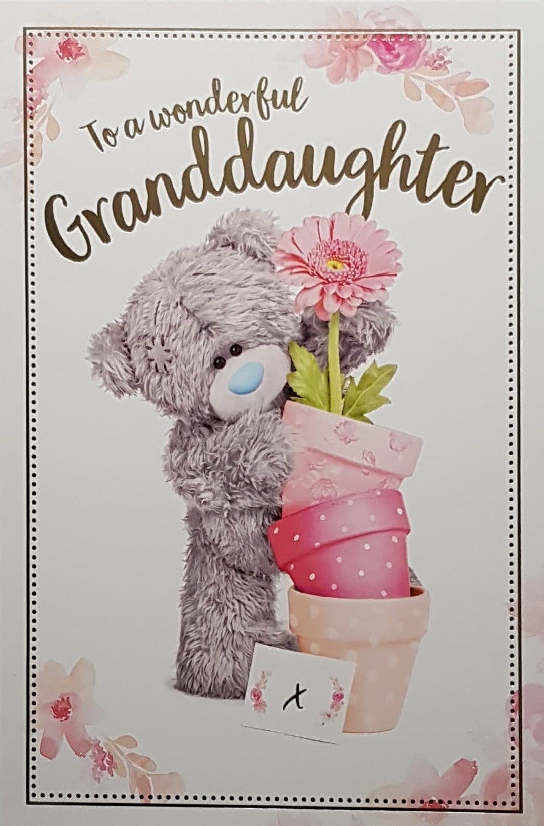 Birthday Card - Granddaughter / Teddy Stacking Pots With A Pink Flower