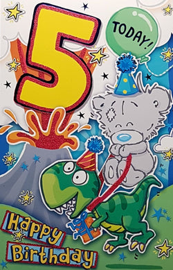 Age 5 Birthday Card - Teddy Riding On A Dinosaur Near Volcano