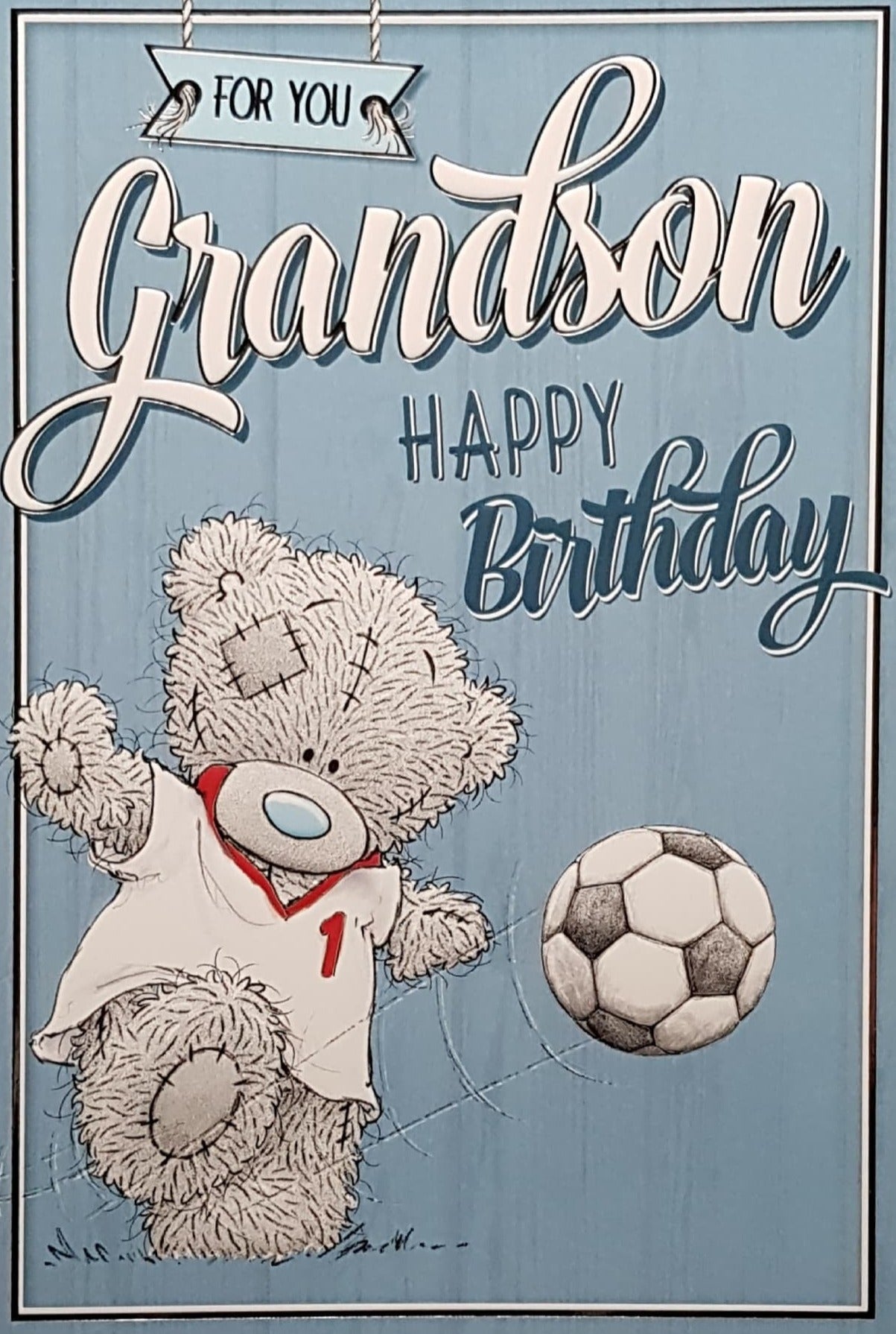 Birthday Card - Grandson - Teddy In A Jersey Kicking Football