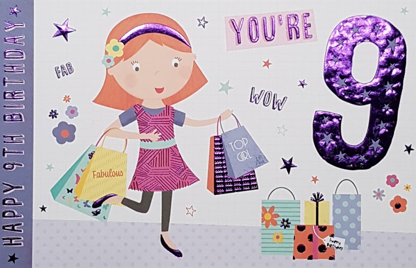 Age 9 Birthday Card - A Little Girl With Shopping Bags & Purple No.  9